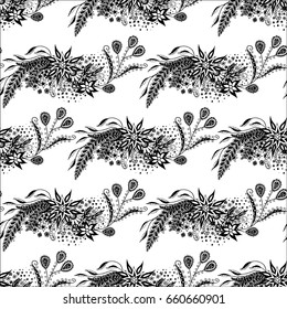 Black and White Zentangle Rapport. Seamless Floral Pattern for Wallpaper, Fabric, Textile, Paper, Swimwear. Flowers, Leaves and Branches Hand Drawn, Scanned and Traced to Vector. 