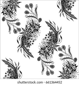 Black and White Zentangle Rapport. Seamless Floral Pattern for Wallpaper, Fabric, Textile, Swimwear. Flowers, Leaves and Branches Hand Drawn, Scanned and Traced to Vector. 