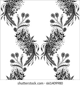Black and White Zentangle Rapport. Seamless Floral Pattern for Wallpaper, Fabric, Textile, Paper, Swimwear. Flowers, Leaves and Branches Hand Drawn, Scanned and Traced to Vector. 