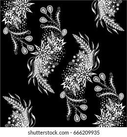 Black and White Zentangle Rapport. Seamless Floral Pattern for Wallpaper, Fabric, Textile, Paper, Swimwear. Flowers, Leaves and Branches Hand Drawn, Scanned and Traced to Vector. 