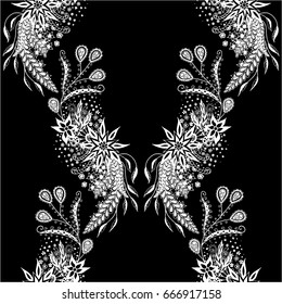 Black and White Zentangle Rapport. Seamless Floral Pattern for Wallpaper, Fabric, Textile, Paper, Swimwear. Flowers, Leaves and Branches Hand Drawn, Scanned and Traced to Vector. 