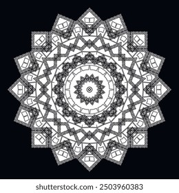 Patrón de mandala de Vector griego abstracto geométrico en zigzag blanco y negro.  Fondo ornamental. Ornamentos aislados geométricos con meandros clave griegos, Formas en zig zag, líneas, cuadrados, rombo.