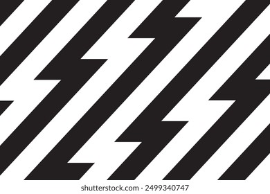 Black and white zigzag lines wallpaper. Thunderbolt background. Electric power, flash light, jagged stripes banner. Superhero, boom, speed or shock anime cartoon print. Vector graphic illustration.