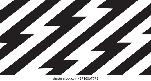 Black and white zigzag lines wallpaper. Thunderbolt background. Electric power, flash light, jagged stripes banner. Superhero, boom, speed or shock anime cartoon print. Vector graphic illustration.