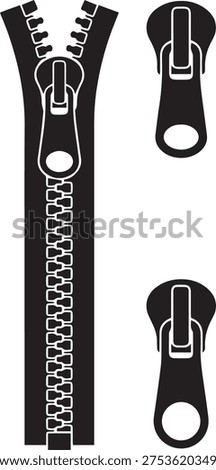 Black and white zipper icon set with open fastener and isolated slider pulls vector illustration.