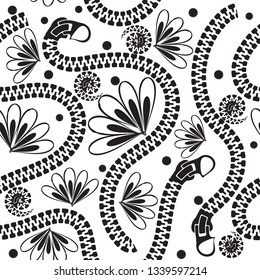 Black and white zippers vector seamless pattern. Ornamental floral background. Abstract repeat decorative backdrop. Hand drawn fasteners, lines, curves, flowers, spirals, polka dots.  Isolated design