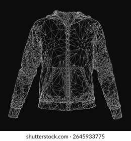 Capuz preto e branco com um padrão geométrico arrojado de formas e linhas, apresentando um capuz de cordão e um design elegante. A jaqueta esportiva destaca-se contra um fundo escuro para um moderno,.