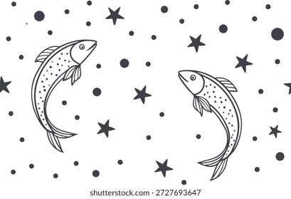 Black and white zodiac Pisces pattern featuring two fish and scattered stars in hand-drawn line art style. Celestial astrology illustration with playful cosmic elements in a seamless repeating design. Ideal for horoscope themes, wallpapers, textiles, stationery, and modern branding.