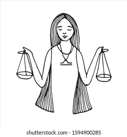 Black and white zodiac sign, a beautiful woman. Vector illustration. Forecasting the future, horoscope, alchemy, spirituality, occultism.