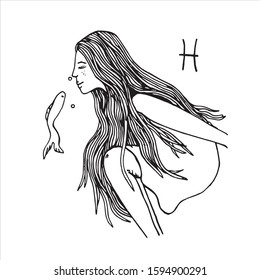 Black and white zodiac sign, a beautiful woman. Vector illustration. Forecasting the future, horoscope, alchemy, spirituality, occultism.