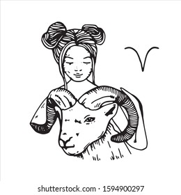 Black and white zodiac sign, a beautiful woman. Vector illustration. Forecasting the future, horoscope, alchemy, spirituality, occultism.