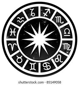 Black and white zodiacal circle with zodiac sign