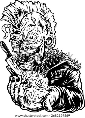Black and white zombie punk character with mohawk, spiked jacket and knife holding a creepy birthday cake. Horror cartoon illustration.
