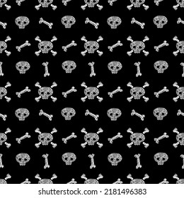Black and White.Embroidery seamless pattern with skull for Halloween .