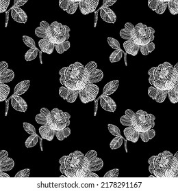 Negro y blanco.Bordado patrón sin fisuras con rosa blanca sobre fondo negro para tela ,textil.