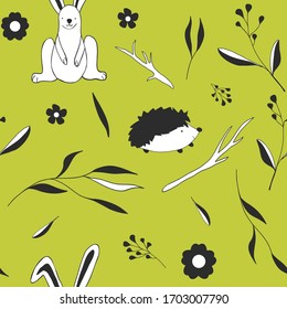 A black and whitehedgehog and bunny seamless hand drawn vector pattern with branches and flowers on salad green background. Creative children texture for fabric, wrapping, textile, wallpaper, apparel 