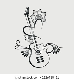 Black and whiter guitar with floral design premium vector eps file	