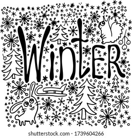 black and whiter lettering winter text vector set with animals