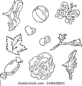 Black and whiter set. Flowers and leaves. Heart and butterfly. Candy. Children's ball. Balloons.