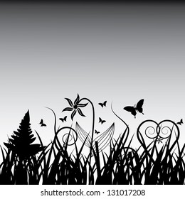 Black and whitw flower background wit butterfly