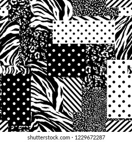 Black and whiye modern patchwork collage animal skin mixed with geometric pattern ,polka dots and stripe in  seamless vector design for fashion,fabric , wallpaper and all prints 