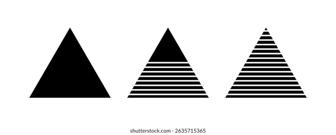 Black whole, streaked and half striped triangles isolated on white background. Pyramid shapes. Minimalistic geometric elements. Vector graphic illustration.