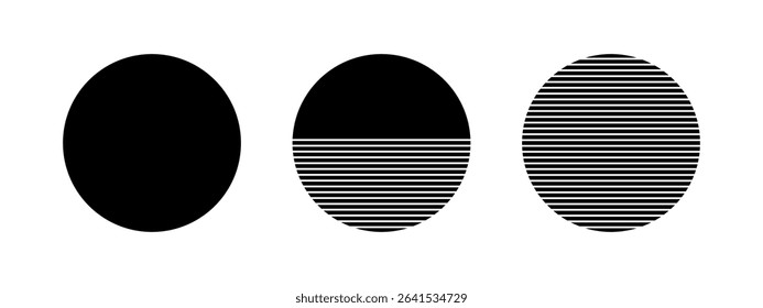 Black whole, streaked and half striped circles isolated on white background. Round shapes. Sunrise or sunset over the sea. Minimalistic geometric elements. Vector graphic illustration.
