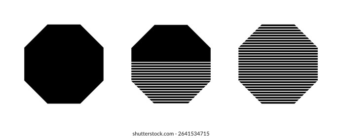 Black whole, streaked and half-striped octagon shapes isolated on white background. Minimalistic geometric elements. Vector graphic illustration.
