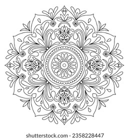 black and whtie lineart handdraw beautiful Round mandala on white isolated background. Vector boho floral pattern. Yoga template