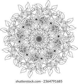 black and whtie lineart handdraw beautiful Round mandala on white isolated background. Vector boho floral pattern. Yoga template