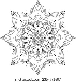 black and whtie lineart handdraw beautiful Round gradient mandala on white isolated background. Vector boho mandala in green and pink colors. Mandala with floral patterns. Yoga template