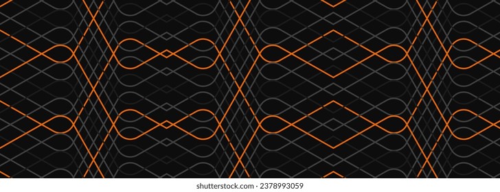 Black wide abstract background banner with grey and orange geometric lines pattern. Vector illustration