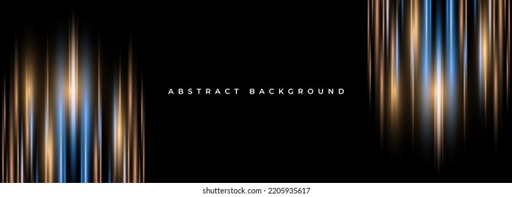 Black wide abstract background with glowing motion yellow and blue neon light effect. Vector illustration