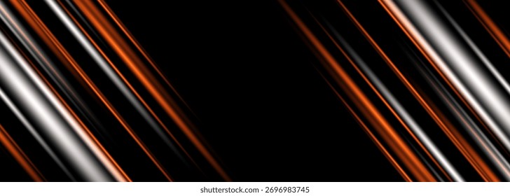 Black wide abstract background with glowing motion black, white and orange neon light effect. Sports background vector illustration