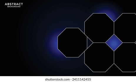  Black wide abstract horizontal background technology banner with blue neon lines.