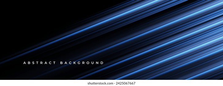 Black wide abstract horizontal technology banner with blue neon diagonal lines. Vector illustration dark elegant background.