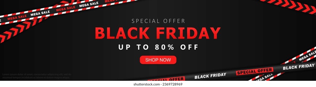 Black wide banner with crossed tapes, sale advertising and shop now button for Black Friday event. Promotional header with discount info and ribbons. Marketing panoramic poster with special offer