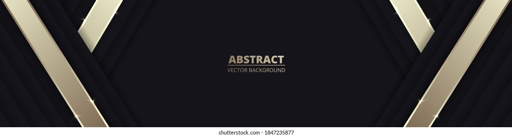 Schwarz breiter, luxuriöser abstrakter Hintergrund mit goldenen Linien und Schatten. Moderner, dunkler, breiter Banner mit goldenen, hellen Linien. Futuristische abstrakte Hintergrund. Vektorgrafik EPS10.