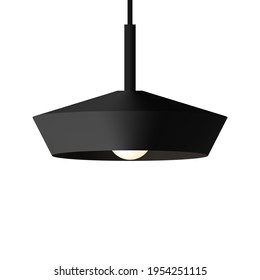 Black wide metal minimalistic pendant light in japandi or Scandinavian style. Vector stock flat illustration isolated on a white background.