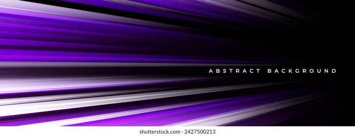 Black wide modern abstract technology background with purple and white glowing high-speed and movement light effect. Vector illustration banner with diagonal stripes.