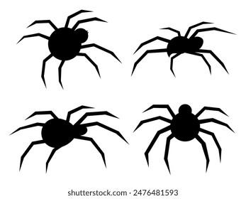 Black widow silhouette set. Silhouettes of spiders icon set on a white background. View of the spider from the side and from above. Design for print, banner and poster. Vector illustration