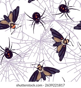 Black widow spider Latrodectus occidentalis and Death's head moth hanging on the web. Vector seamless pattern with black spider and butterfly in flat style. Halloween background.