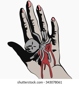 black widow spider on his hand man with blood stains