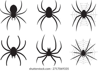 Siluetas de araña viuda negra en varias poses y Web Vector, ilustración