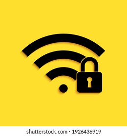 Black Wifi locked icon isolated on yellow background. Password Wi-fi symbol. Wireless Network icon. Wifi zone. Long shadow style. Vector