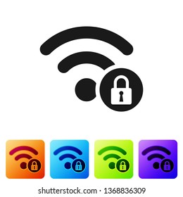 Black Wifi locked sign icon isolated on white background. Password Wi-fi symbol. Wireless Network icon. Wifi zone. Set icon in color square buttons. Vector Illustration