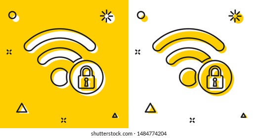 Black Wifi locked sign icon isolated on yellow and white background. Password Wi-fi symbol. Wireless Network icon. Wifi zone. Random dynamic shapes. Vector Illustration