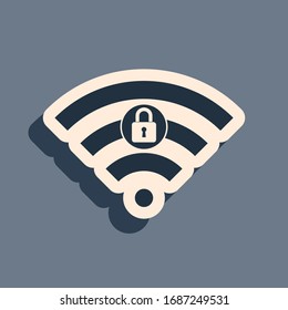 Black Wifi locked sign icon isolated on grey background. Password Wi-fi symbol. Wireless Network icon. Wifi zone. Long shadow style. Vector Illustration