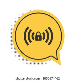 Black Wifi locked sign icon isolated on white background. Password Wi-fi symbol. Wireless Network icon. Wifi zone. Yellow speech bubble symbol. Vector.