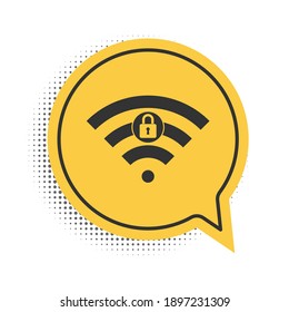 Schwarzes Wifi-abgeschlossen Symbol einzeln auf weißem Hintergrund. Kennwort Wi-Fi-Symbol. Symbol für Wireless-Netzwerke. WLAN-Bereich. Symbol für gelbe Sprachblase. Vektorgrafik.